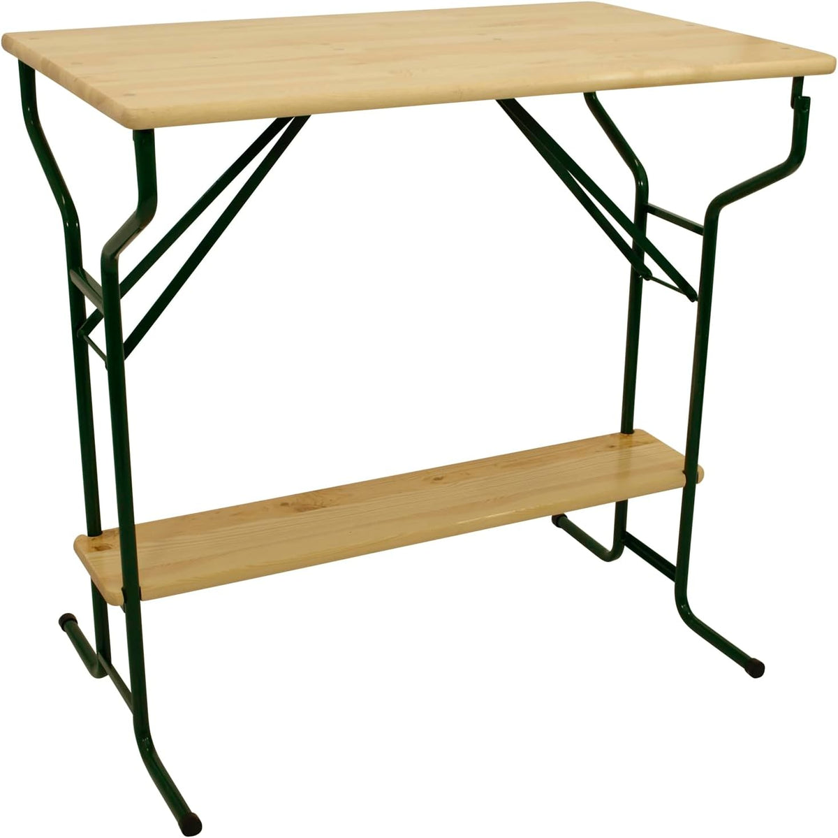 DEGAMO Stehtisch Bartisch Bamberg 70 x 113 cm, Höhe 110cm, Gestell Stahlrohr dunkelgrün, Tischplatte Kiefernholz transparent beschichtet, klappbar