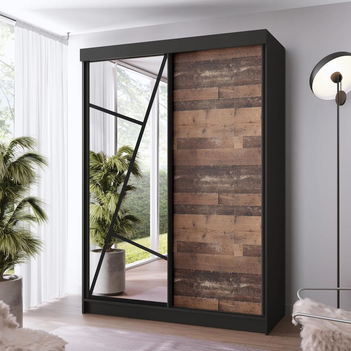 KIER FURNITURE, Schrank mit Spiegel, 138x205x59cm, Kleiderschrank mit Schiebetüren, Garderobenschrank für Schlafzimmer, Fachböden und Kleiderstange
