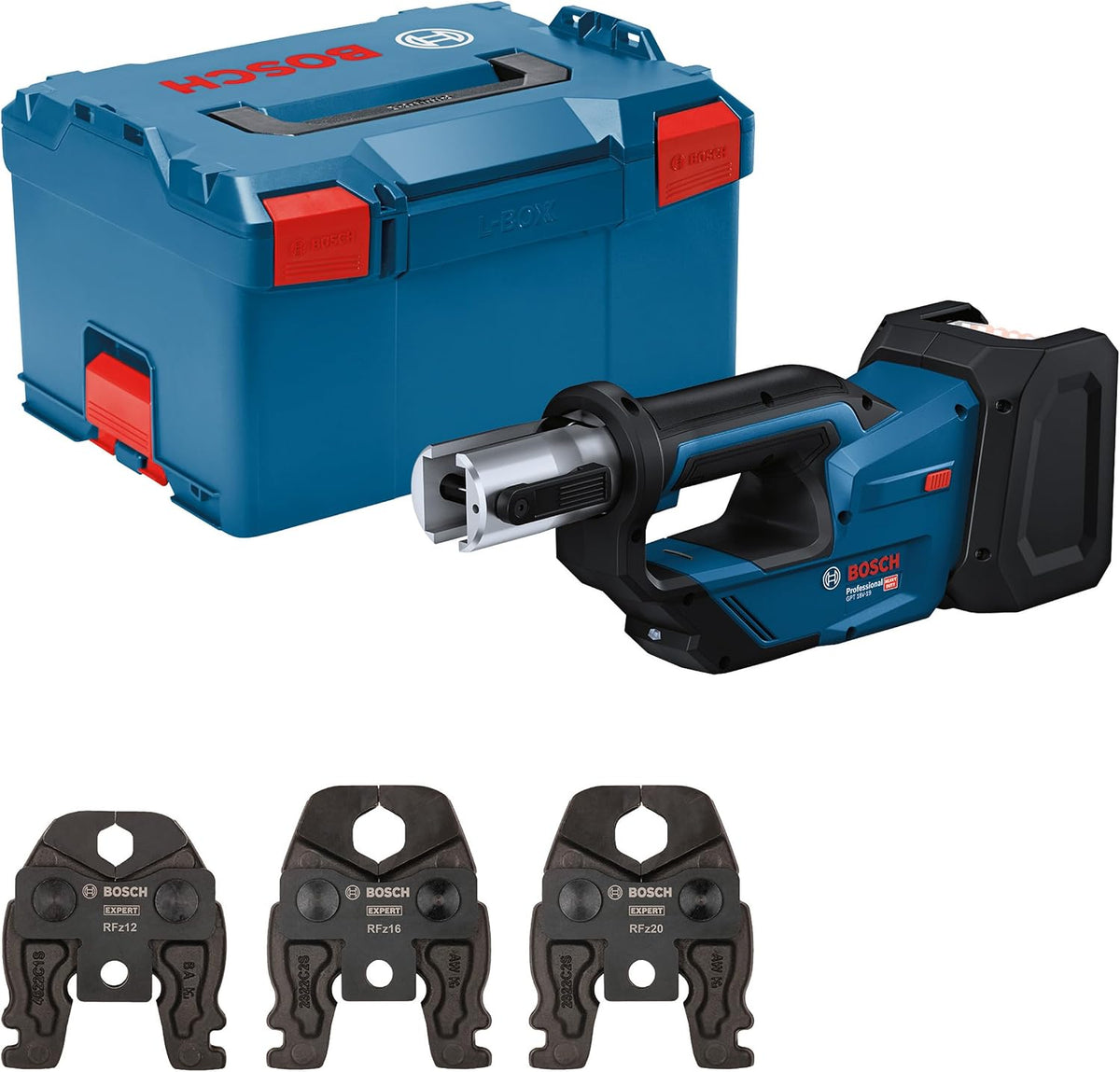 Bosch Professional 18V System Akku Presswerkzeug GPT 18V-19 (19 kN Kraft, inkl. Pressbacke Comp. RFz12, RFz16, RFz20, um 360° drehbarer Kopf, L-BOXX)