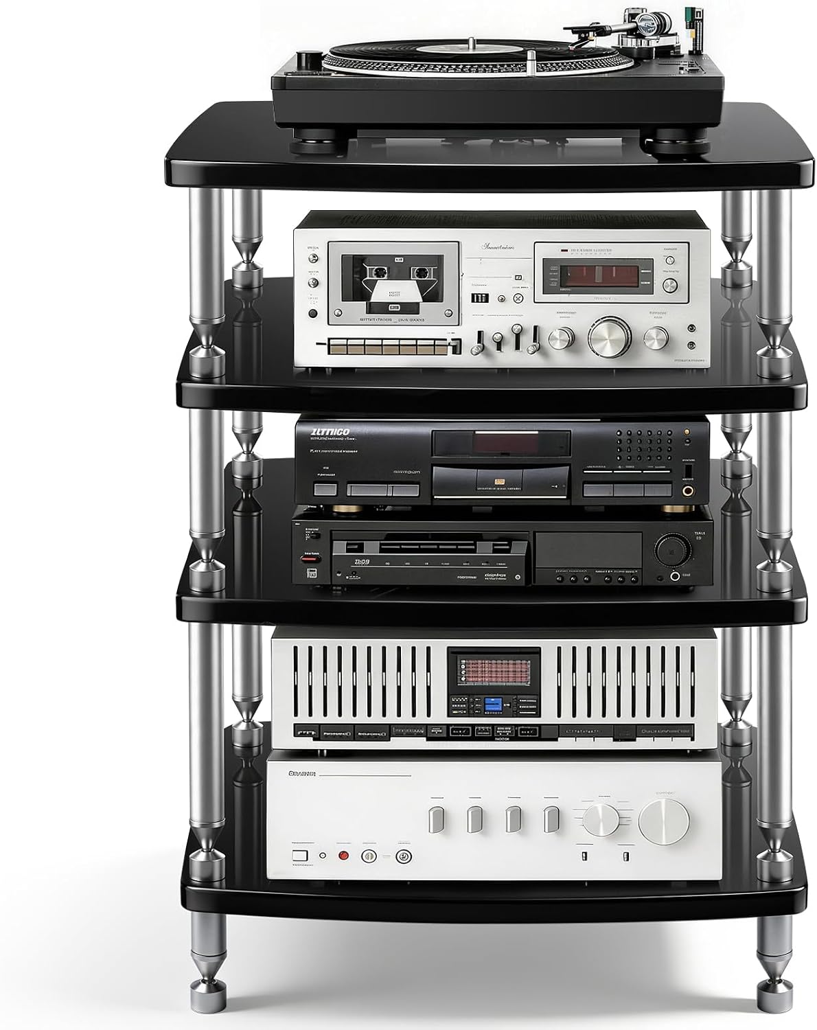 HiFi Rack aus Aluminiumlegierung Holz, 4-stufiger Plattenspieler Regal