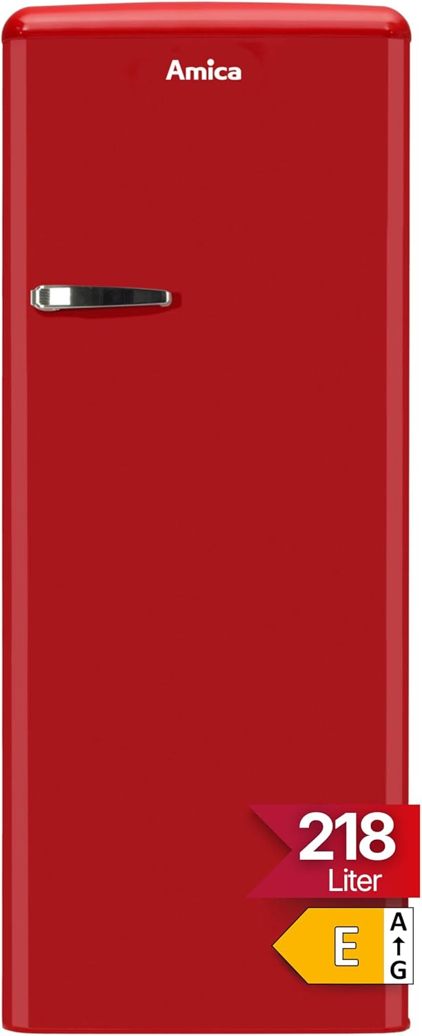 Amica KSR 364 150 R Retro Kühlschrank/Rot /218 L/Gemüseschublade/LED-Beleuchtung/Gefrierfach