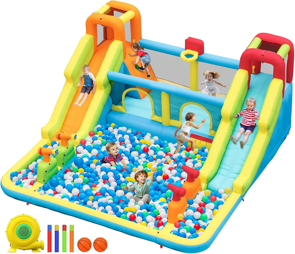 Hüpfburg mit Wasserrutsche und Gebläse, XXL Hüpfburgen Große mit 4 Wasserspritzkanonen, Planschbecken für Kinder Outdoor Indoor, 2 Kletterwand