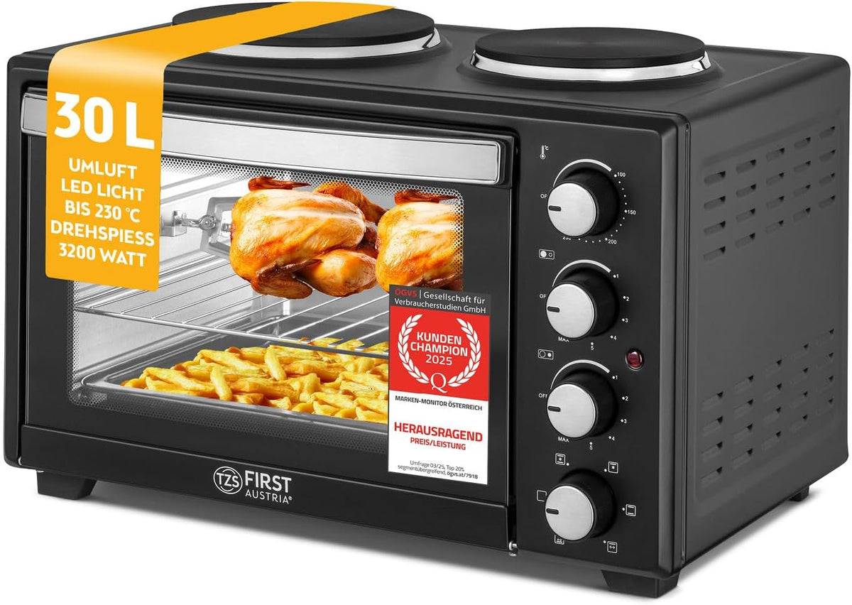 TZS First Austria, Mini Backofen Pizzaofen mit Herdplatten bis 230°C & 6 Heizmodi, Minibackofen mit Kochplatten 30L 3200 W