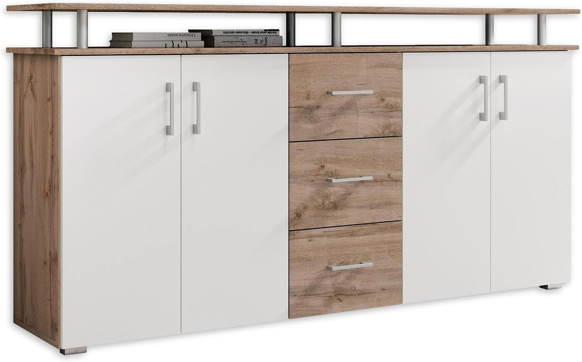 LIFT Highboard mit Ablage in Wildeiche Optik, Weiß - Moderner Wohnzimmerschrank mit Schubladen und viel Stauraum für Ihren Wohnbereich - 178 x 90 x 38