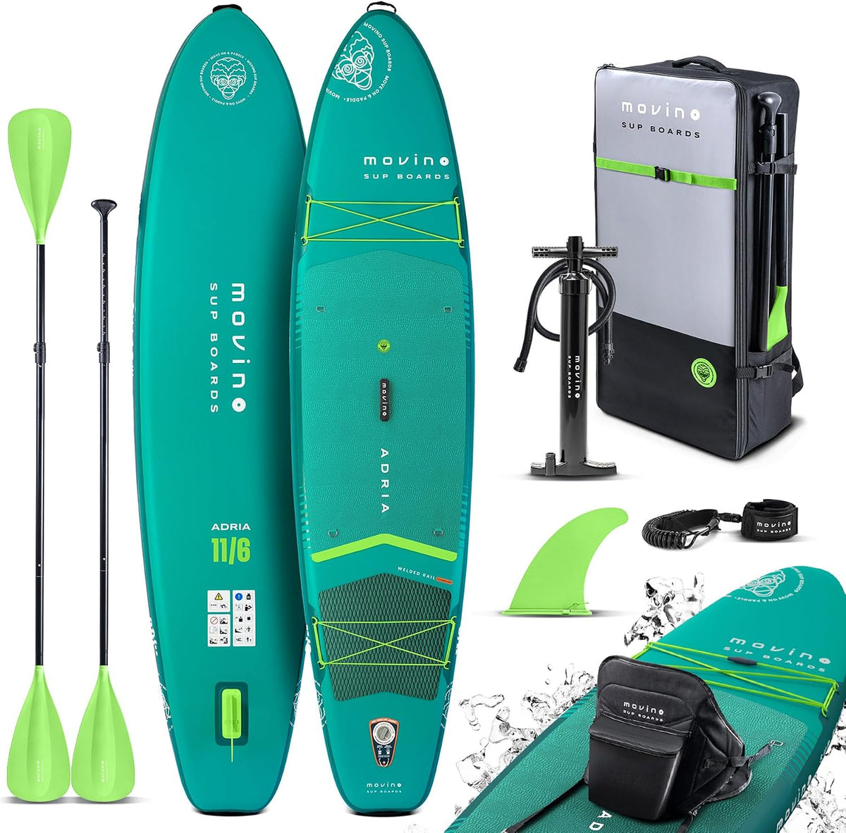 Movino Stand Up Paddle Board (350 cm), 2in1 SUP Kajak Aufblasbar, Allround 350x83x15 cm, Tragkraft bis 165 kg Set Mit Zubehör Paddel, Adria 11'6'