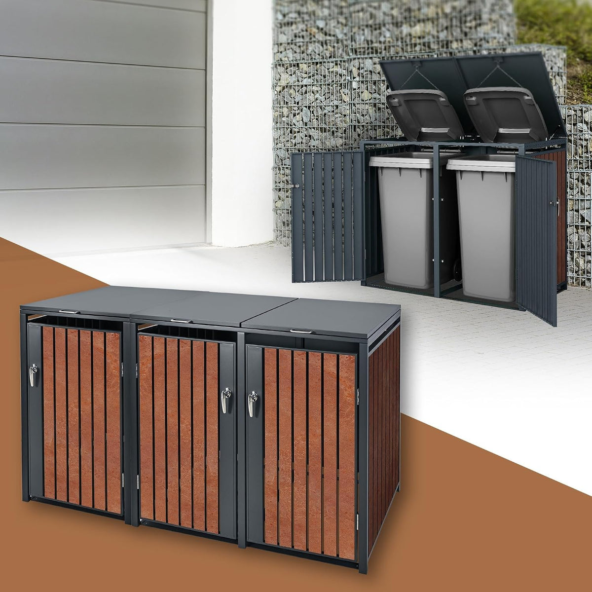 ML-Design Mülltonnenbox 3er 240L, 200x80x116,3 cm Anthrazit-Rostoptik, Mülltonnenverkleidung für 3 Mülltonnen, Mülltonnenhaus aus Stahl