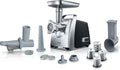Bosch Fleischwolf MFW68660, 8mm), 2200 W Blockierleistung, 880 W, Reibe mit 4 Raspeln, Wurstausfatz, 3 Edelstahl Lochscheiben (3, 4,8, silber