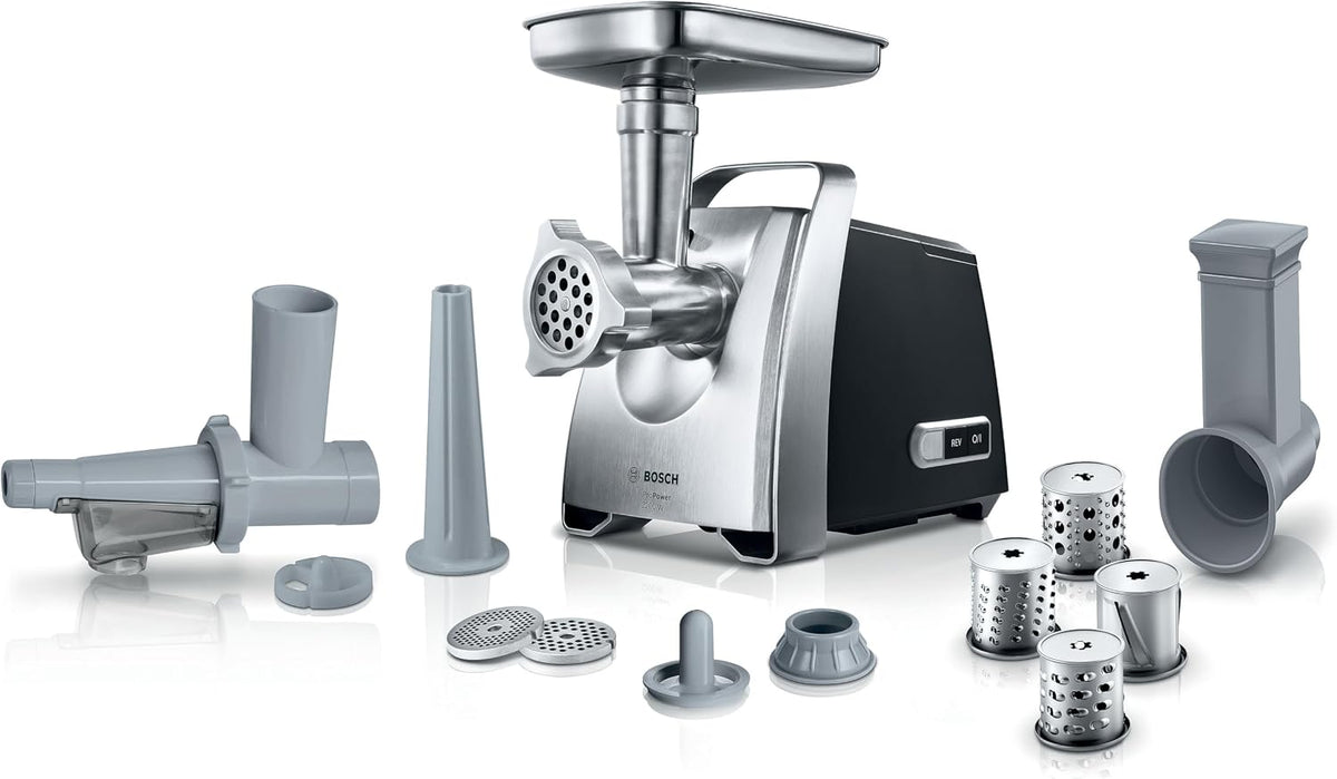 Bosch Fleischwolf MFW68660, 8mm), 2200 W Blockierleistung, 880 W, Reibe mit 4 Raspeln, Wurstausfatz, 3 Edelstahl Lochscheiben (3, 4,8, silber