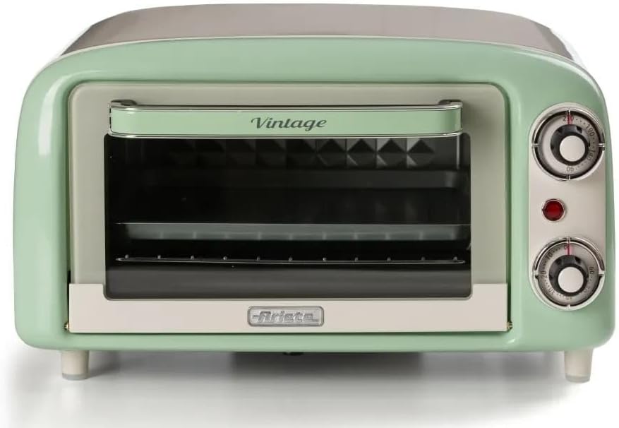 Ariete 3919 Vintage Minibackofen, 800W, 60-Minuten-Timer, Edelstahl-Grill, 10 L Fassungsvermögen, Temperatur bis 230°C, Doppelverglasung, Grün