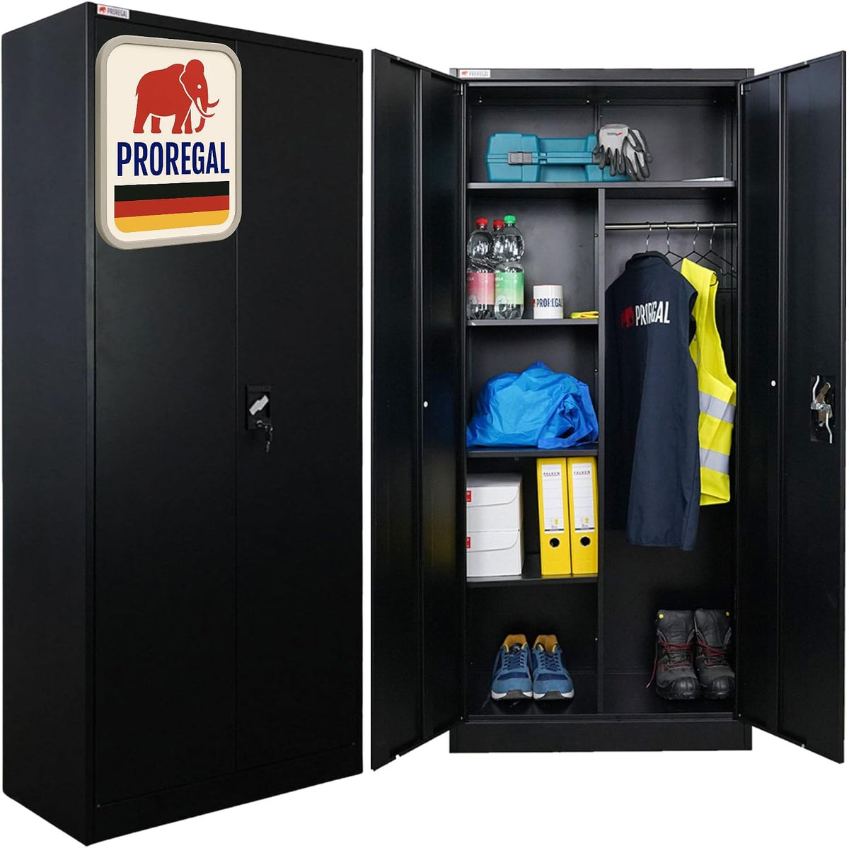 PROREGAL Flügeltürenschrank Elephant Metall Spind Schrank abschließbar 2 Türen 180x80x40cm Stahl 6 Fächern & Kleiderstange Stahlschrank