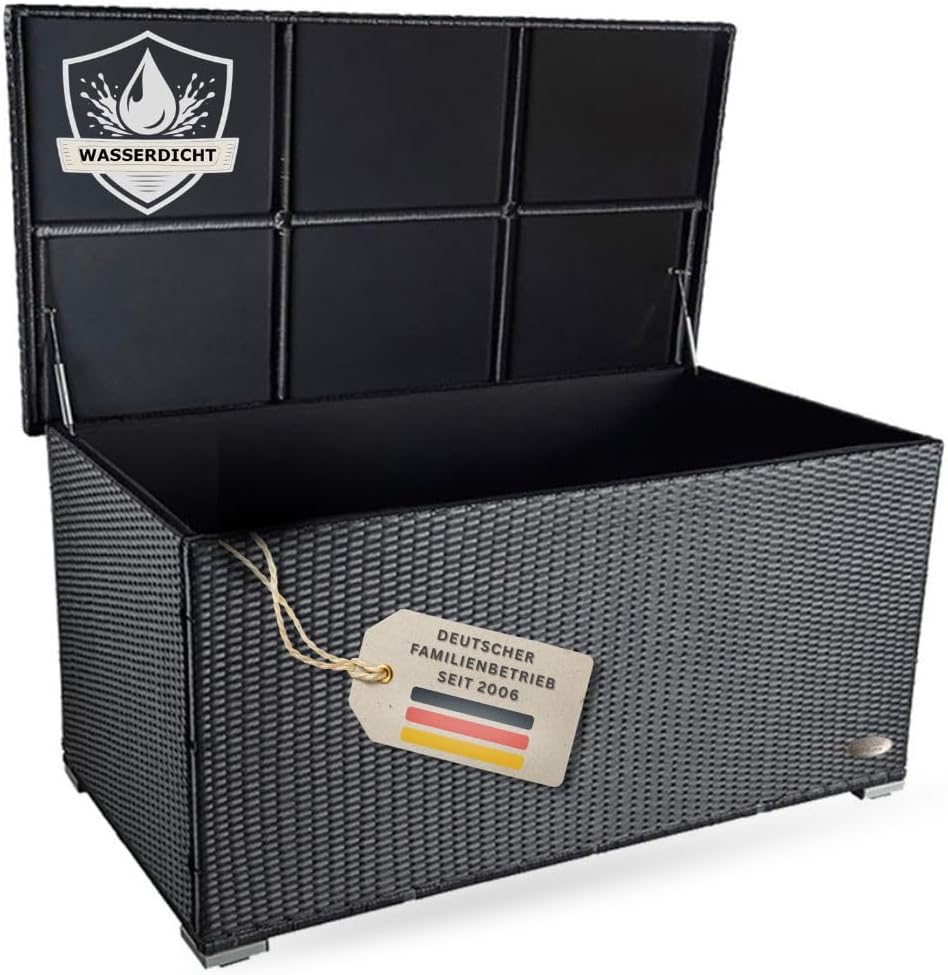 RS Trade Auflagenbox Wasserdicht XXL, 950l, Große Gartenkiste für Polster, Schwarz, Gartenbox, Aufbewahrungsbox Garten, Kissenbox Outdoor, Gartentruhe