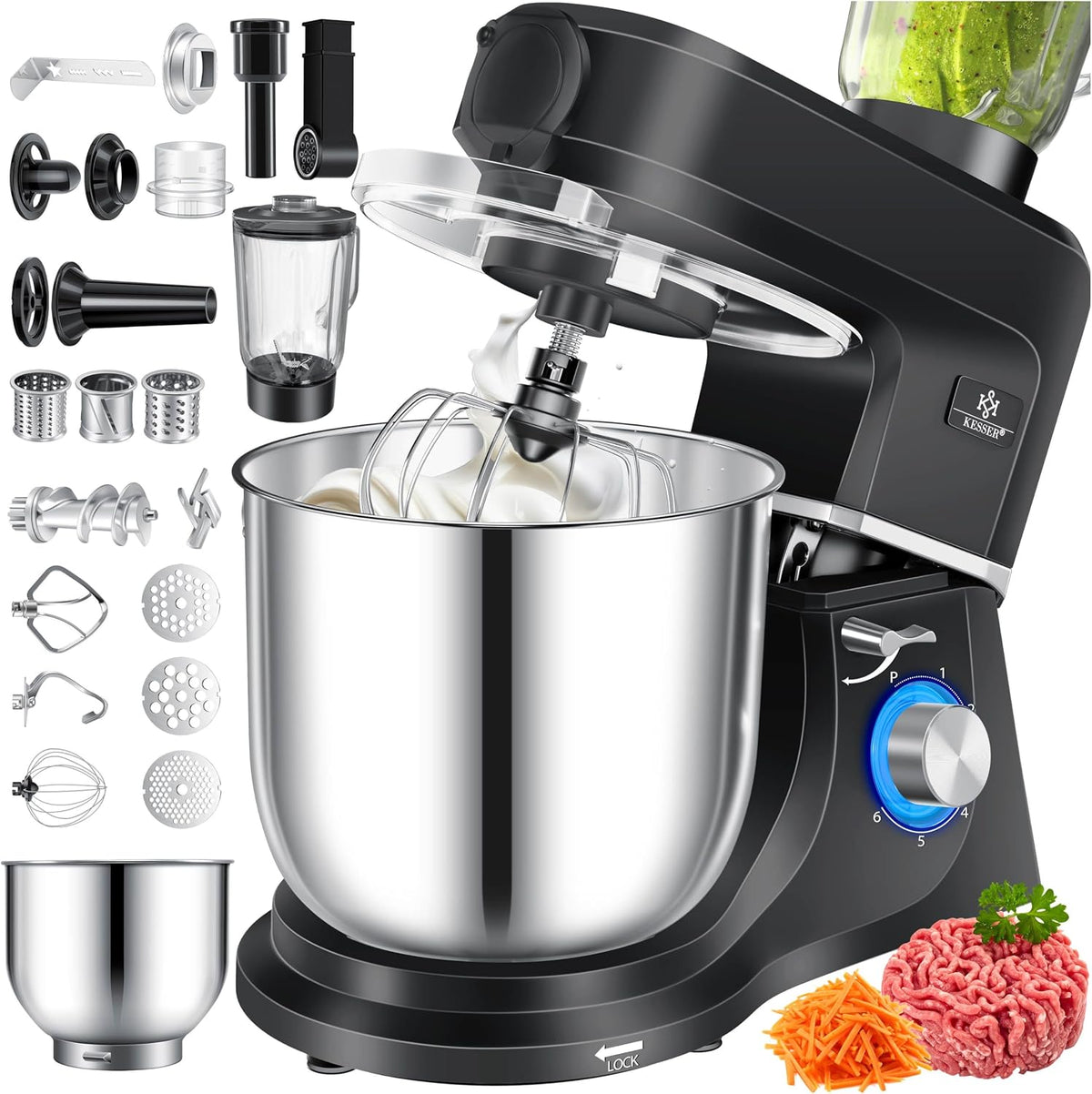 KESSER Küchenmaschine 3in1 mit Fleischwolf & Mixer, 1500W Knetmaschine 5,5L Rührschüssel + Spritzschutz, 6 Geschwindigkeiten, Knethaken, Schneebesen