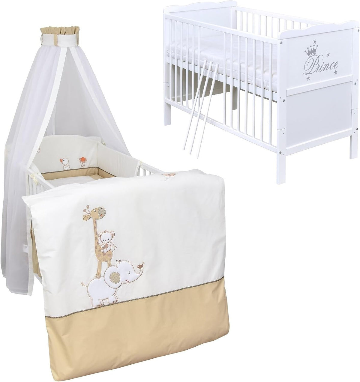 Babybett Komplett Set Max Prince 60x120 weiß Kinderbett umbaubar zum Juniorbett inkl. Bettwäsche Set Komplett (Zirkus beige)