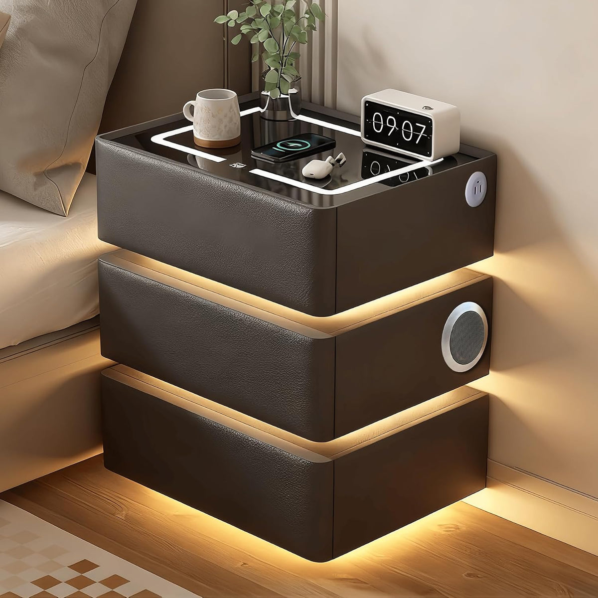 LED Nachttisch, 2USB, 1Typ-C, Nachttisch Modern mit 3 Licht Dimmbar, Beistelltisch Nachtschrank für Schlafzimmer, 3 Schubladen, Bluetooth-Lautsprecher