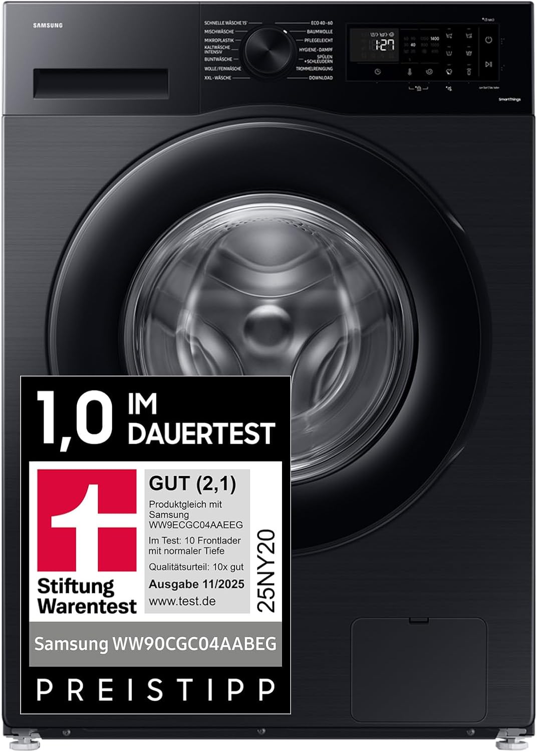 Samsung Waschmaschine, WW90CGC04AABEG, 9 kg, 1.400 U/min, EEK: A, Mikroplastik-Programm, Ecobubble, 14 Programme, WiFi SmartControl, Schwarz