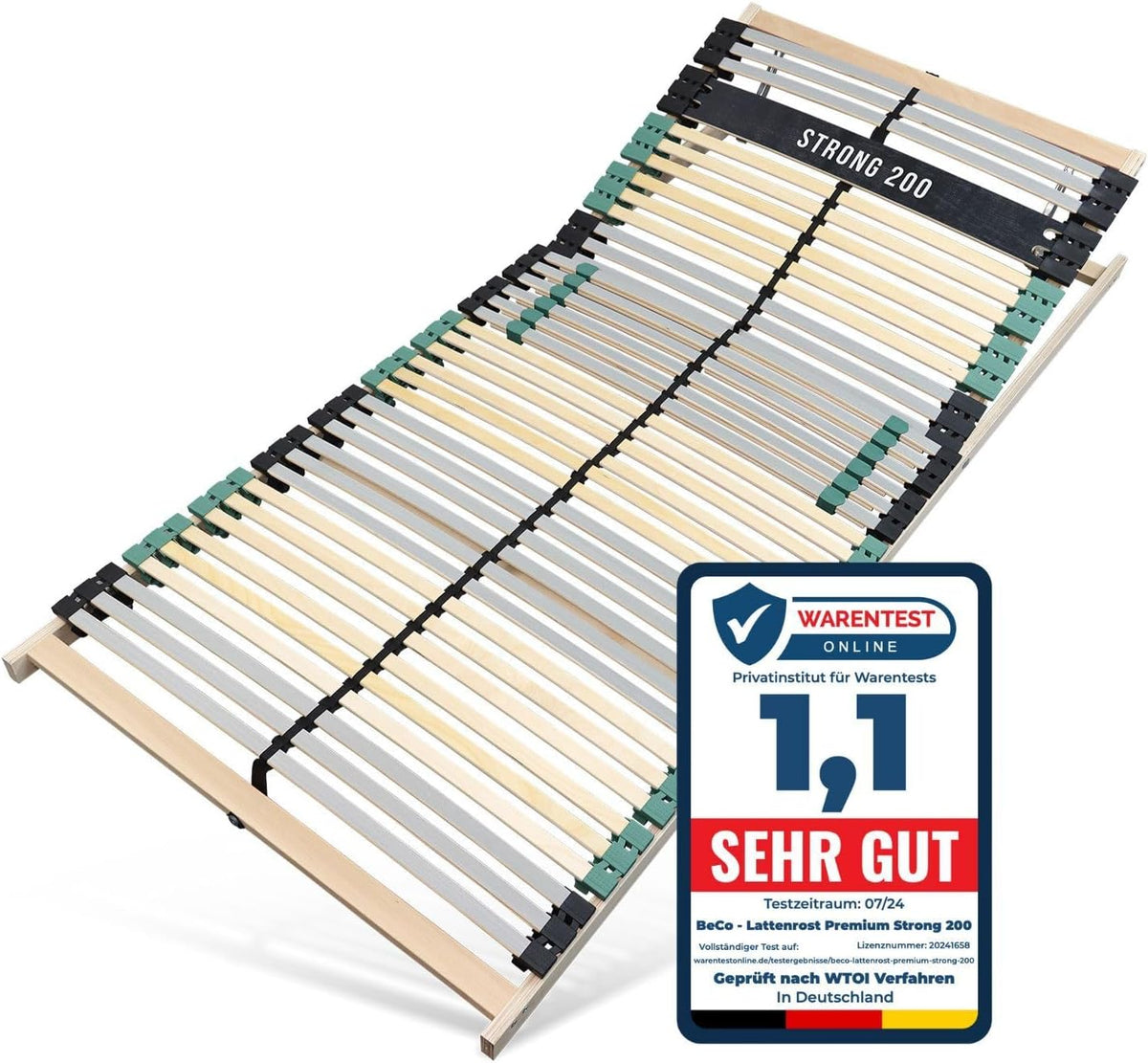 Lattenrost 100x200 Premium Strong bis 200Kg, 7-Zonen-Lattenrost mit 42 Latten, extra stabil aus Buchenholz, Kopfteil verstellbar, Made in Germany