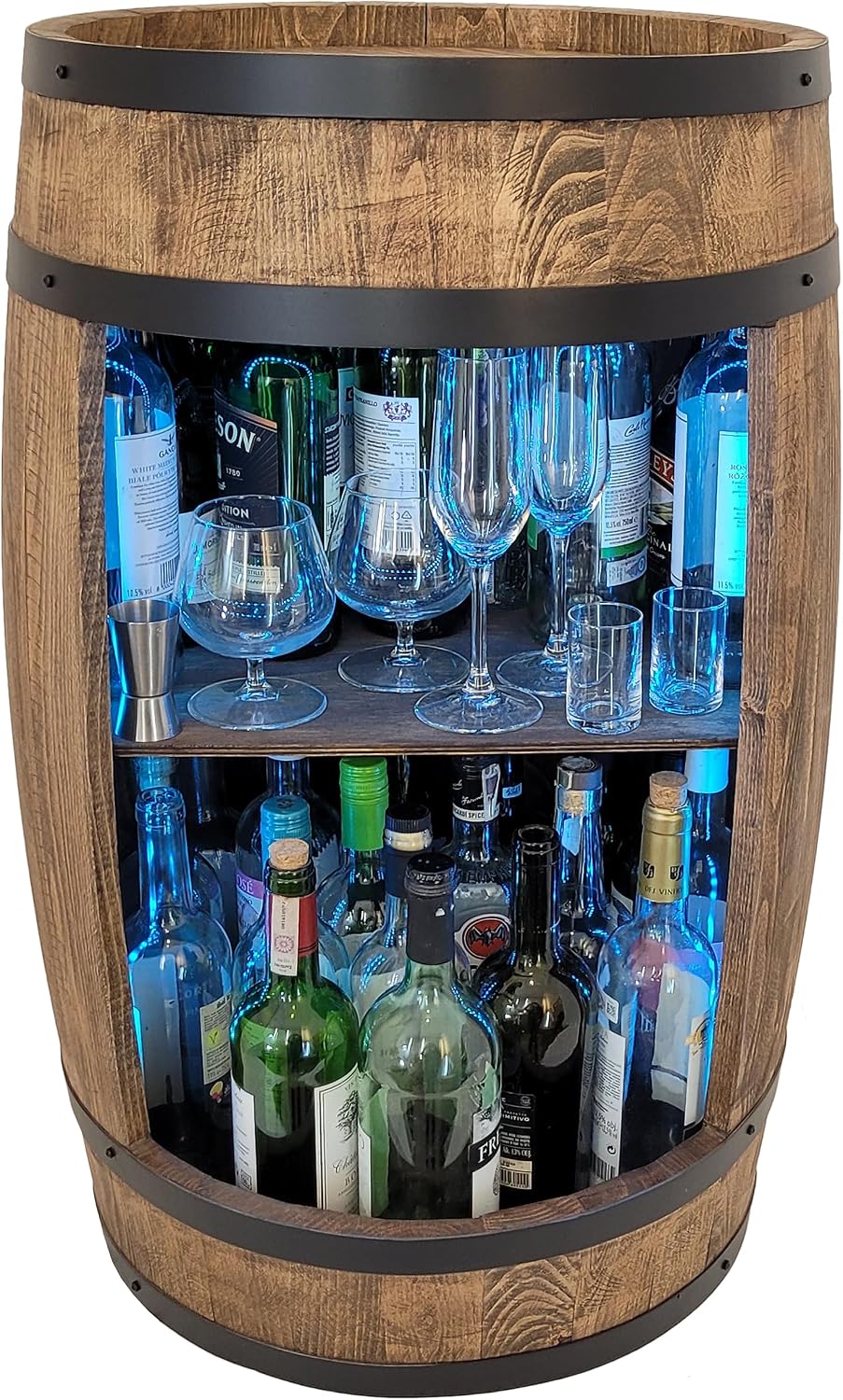 weeco Weinfass als Weinregal, Bar Tisch aus Holzfass, Weinschrank Barschrank LED RGB Leuchten