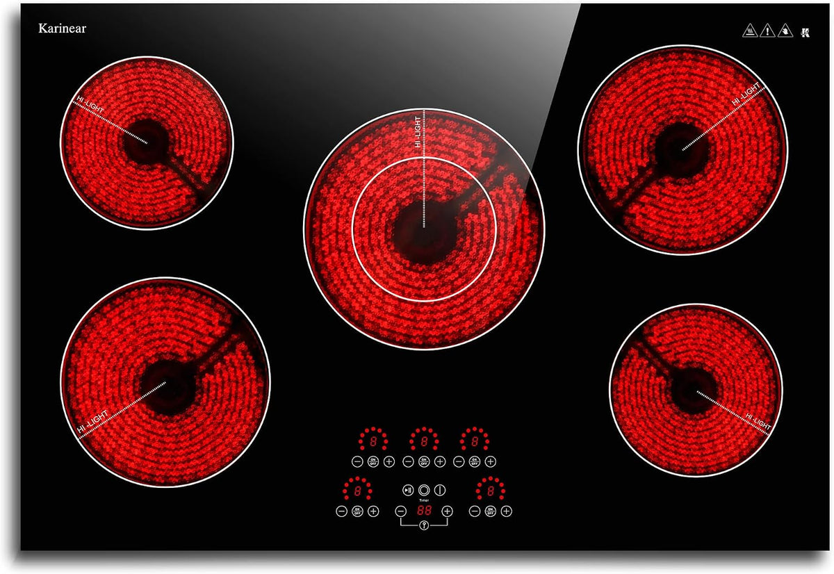 Karinear Glaskeramikkochfeld 5 Platten, 8700W, 77CM Autarkes Kochfelder Keramik, 240V, 5 Herdplatten Kochfeld mit erweiterbarer Doppelzone, 40A