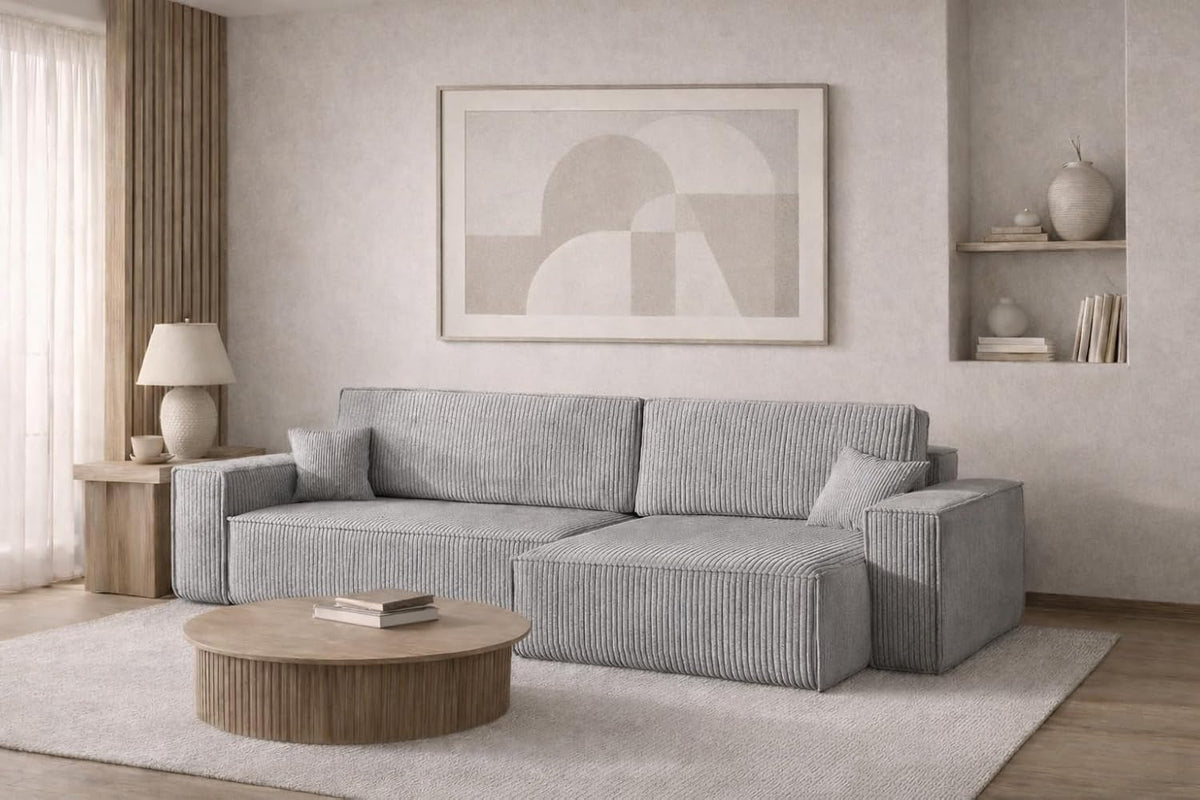 Kaiser Möbel, Ecksofa mit Schlaffunktion und Bettkasten, Schlafsofa mit Bettzeugbehälter, Bequemes Couch für Wohnzimmer, Wohnlandschaft L-Form, Grau