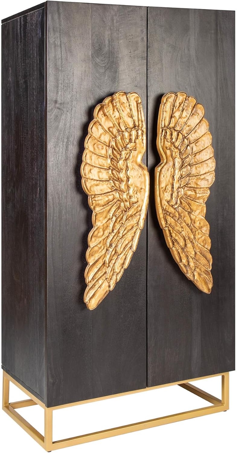 Riess Ambiente Extravagantes Highboard Angel 140cm schwarz Mangoholz mit goldenen Flügeln Wohnzimmerschrank Schrank Hochschrank Esszimmerschrank