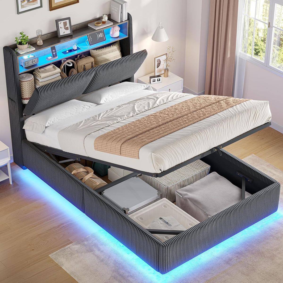AOGLLATI Bett 90x200 mit Hydraulisches Stauraum Jugendbett 90x200 mit LED-Beleuchtung und Ladestation, Ohne Matratze (Dunkelgrau, 90x200cm), Cordgrau