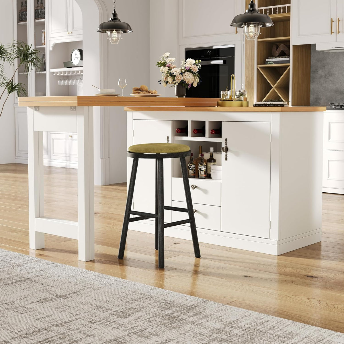 Hochwertiger Ausziehbarer Bartisch mit 360° Drehfunktion und Stauraum, Längenverstellbar von 120-180cm, Wohnzimmer, Esszimmer, Homeoffice, Weiß.