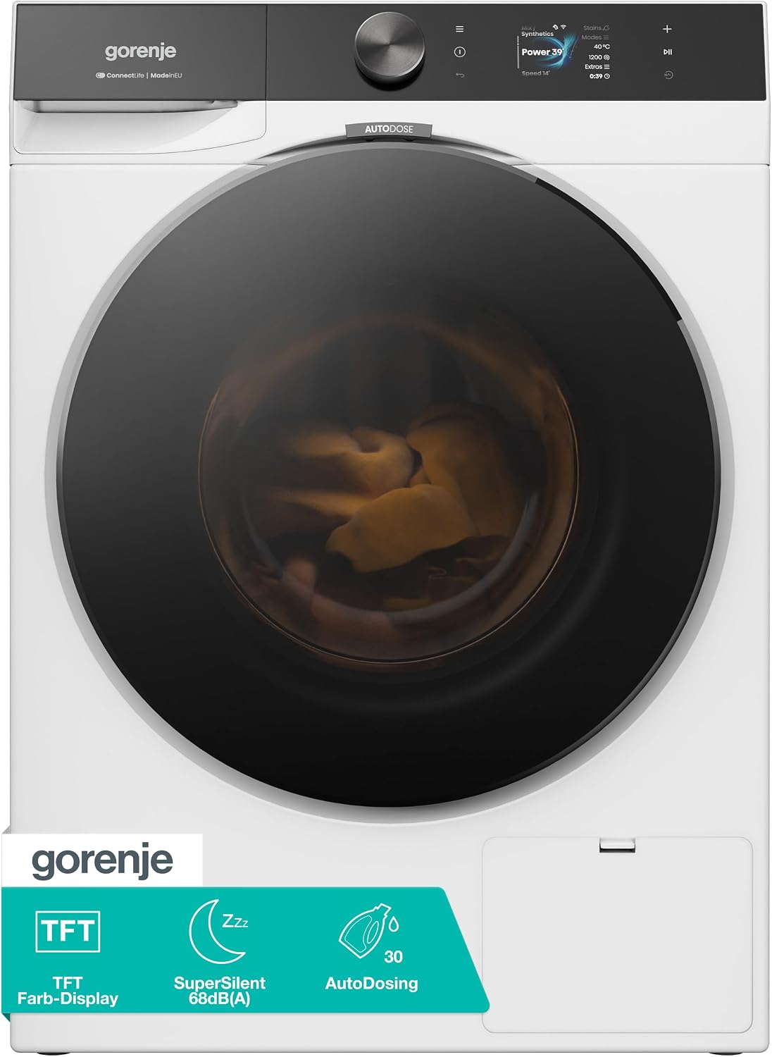 Gorenje WG814A5T4 Waschmaschine mit Dampffunktion, 10kg, 1400 U/Min, SuperSilent 68 db(A), 20 Programme, TFT Farb-Display, AutoDosing, UltraClean
