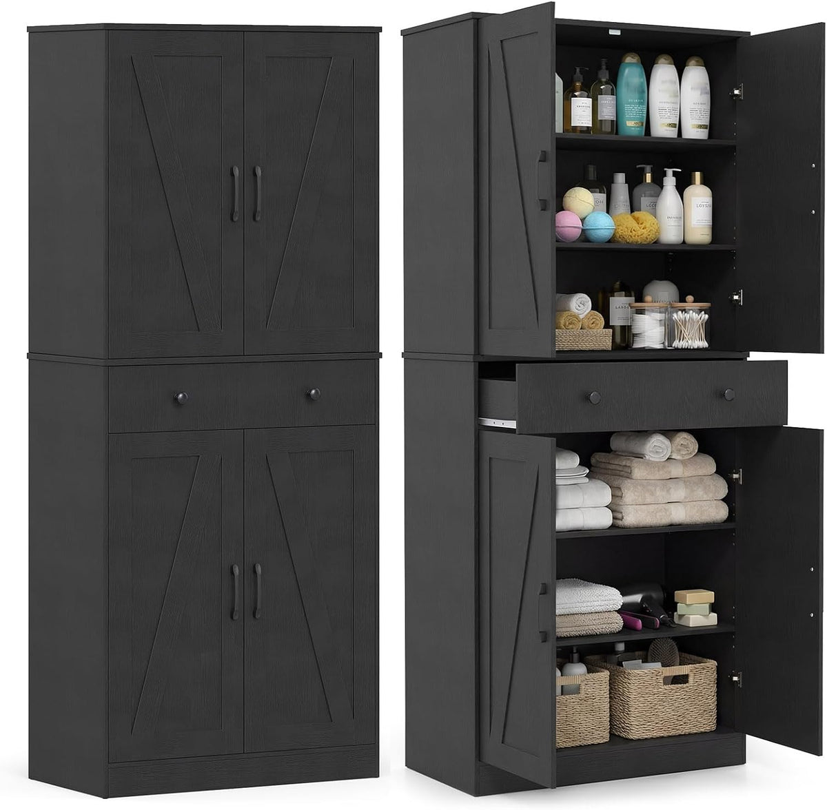 COSTWAY Küchenschrank hoch, 183 cm, Vorratsschrank mit 4 Türen, für Küche Esszimmer Wohnzimmer, Schublade & 3 verstellbaren Regalen, Schwarz