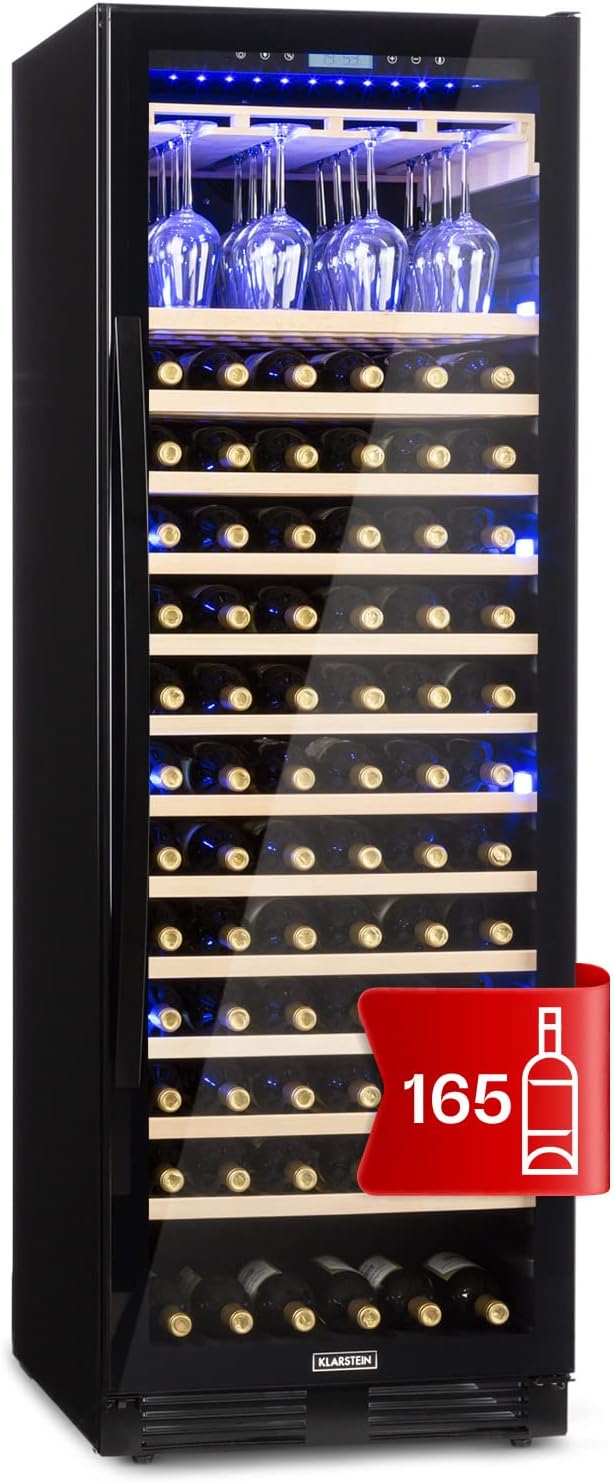 Klarstein Weinkühlschrank, 433L Einbau-Weinschrank Schmal, Wein-Kühlschrank mit Glastür, Wine Fridge 5-20°C, 1 Zonen Getränkekühlschrank, 165 Flaschen
