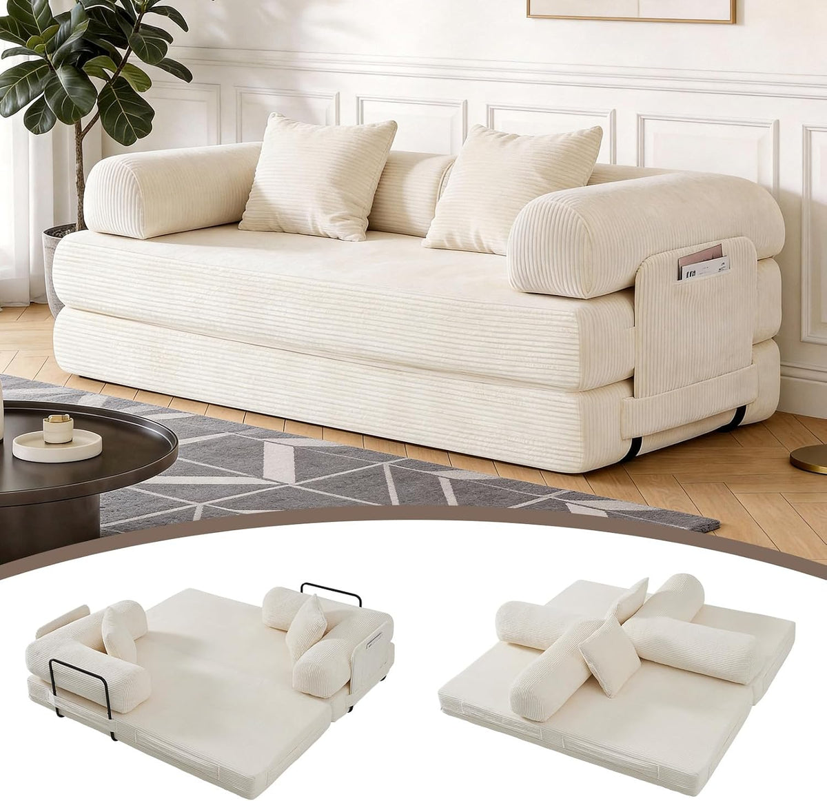 Multifunktionales Bodensofa 200×97×70cm, 5-in-1 Verwandelbares Schlafsofa mit Hochdichtem Schaumstoff, Tierfreundlich, Montagefrei, Weiß