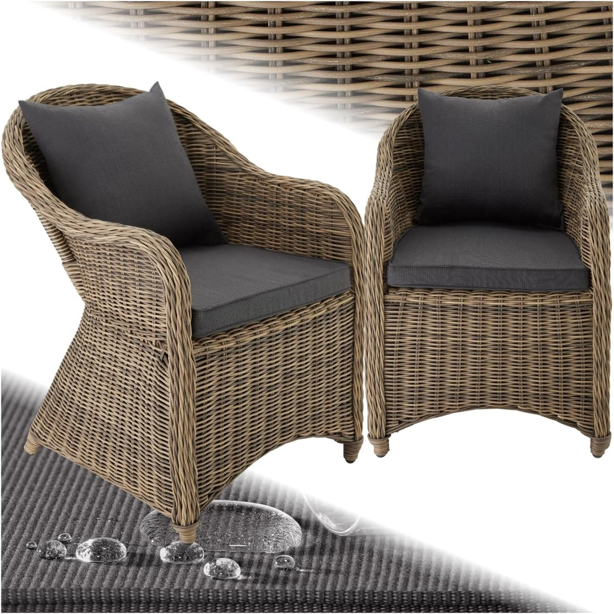 tectake Alu Polyrattan Gartenstuhl 2er Set, Gartenmöbel Set mit 2 Sessel, Rattan Gartensessel mit weichen Sitzpolster, wetterfest, Natur