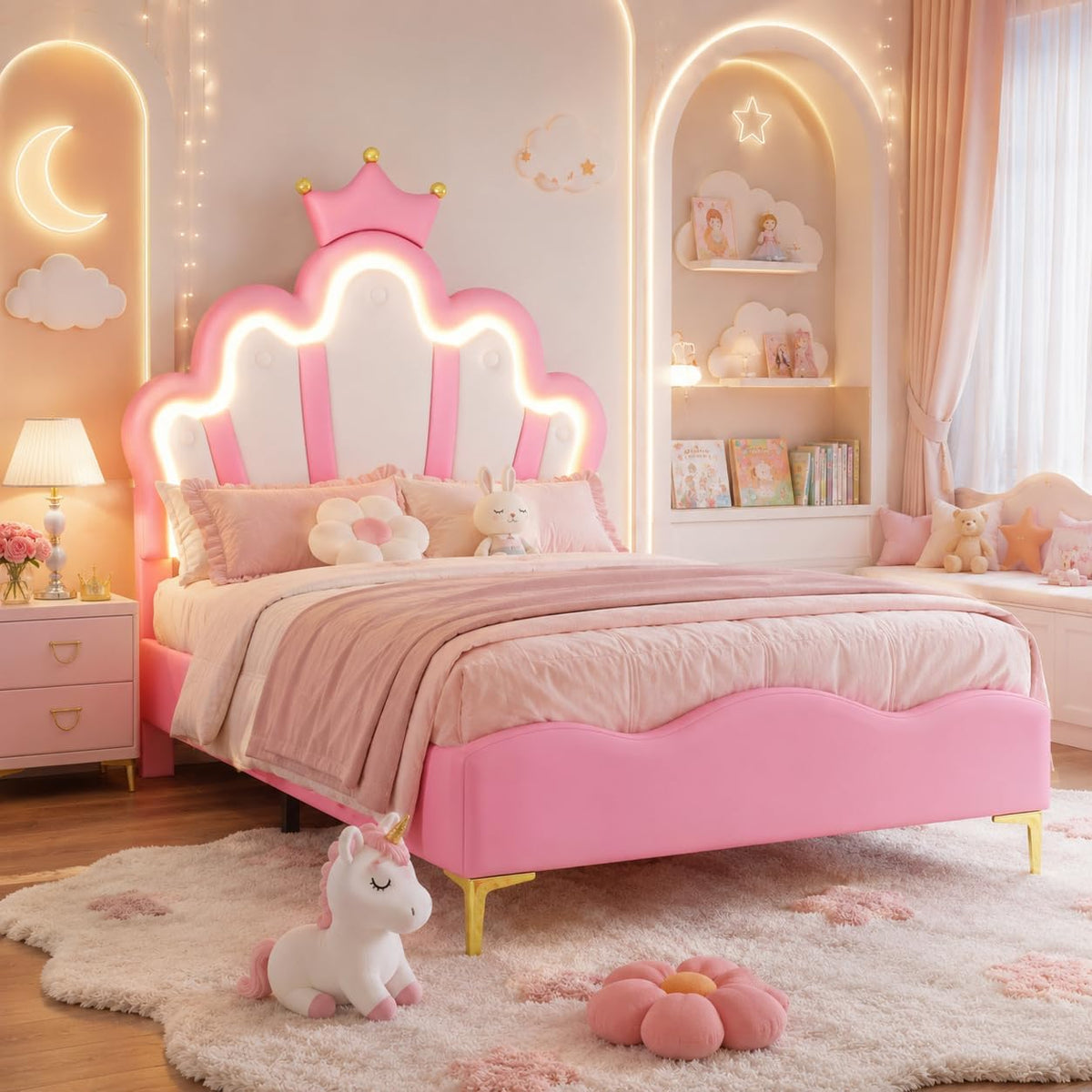 Einzelbett 90x200 cm, ohne Matratze (Rosa Krone), LED Bett Kinderbett Prinzessinnenbett für Mädchen
