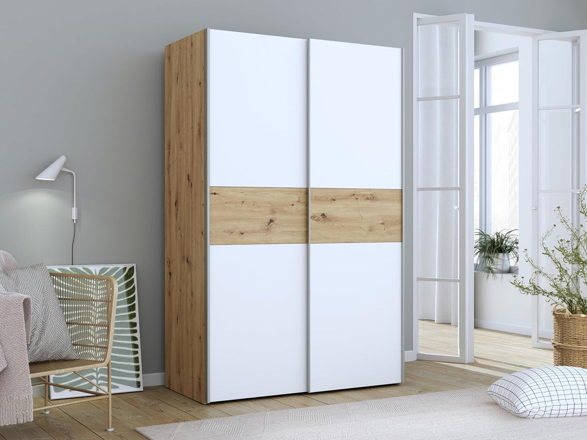 FORTE OZZULA Schrank 120, Schlafzimmerschrank Skandinavisch 2-türig Einlegeböden Kleiderstange, 120 cm breit x 190.5 cm hoch x 61 cm tief