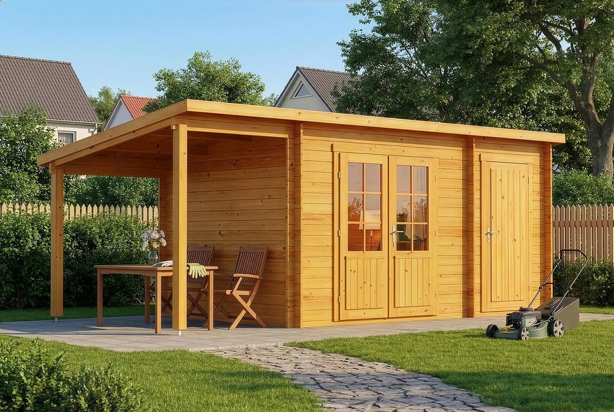 Alpholz Gartenhaus Maria 598x272cm mit Anbau & Schleppd. Imprägn.Pinie 28mm