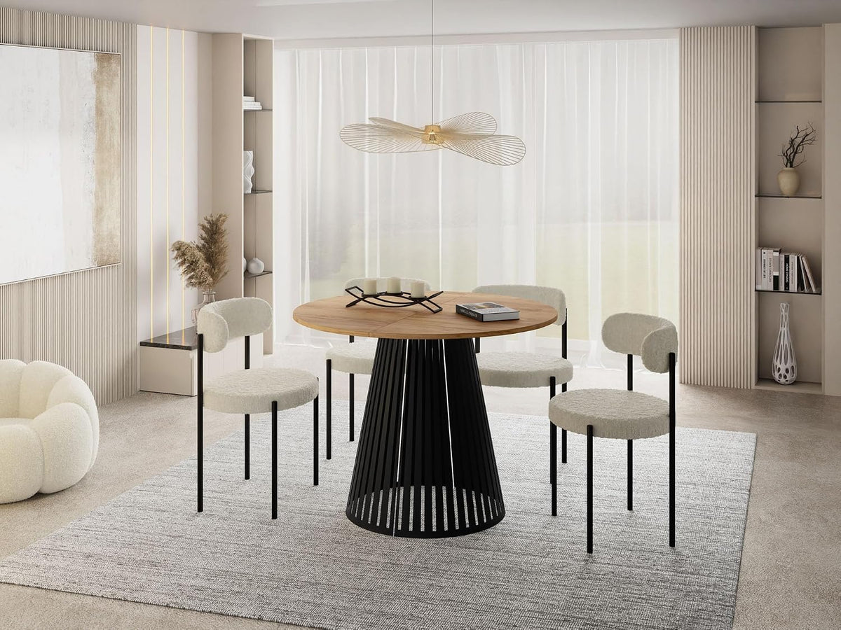 WFL GROUP Esstisch Rund Ausziehbar mit Lamellen im Loft-Stil, Industrieller Tisch mit Schwarzen Metallbeinen, 100 bis 180 cm, Braun