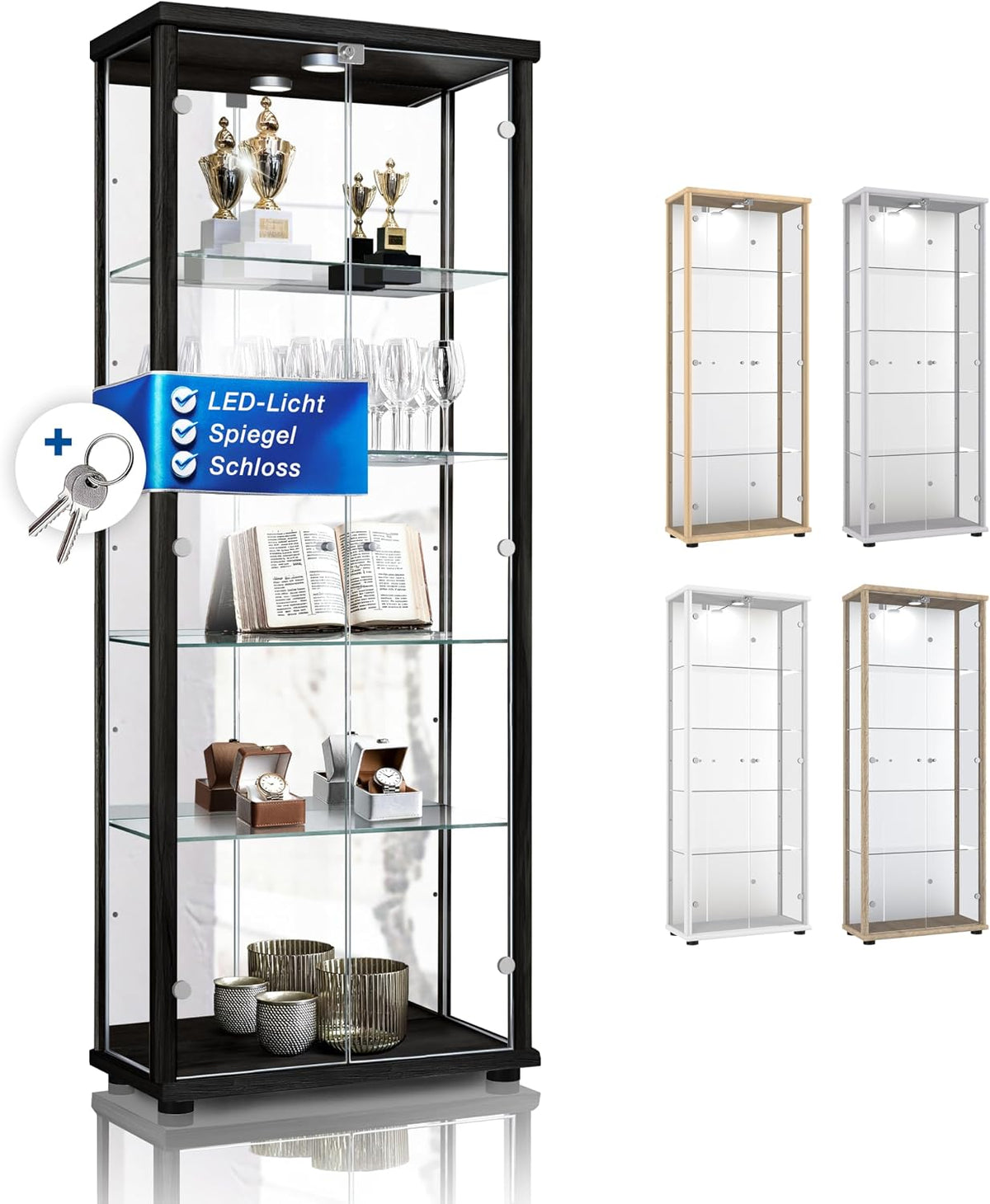 Glas Vitrinenschrank 2-türig (176x67x33cm), Spiegel, Standvitrine Schwarz mit 4 höhenverstellbaren Glasböden, Made in Germany, Schloss & LED, Sammler