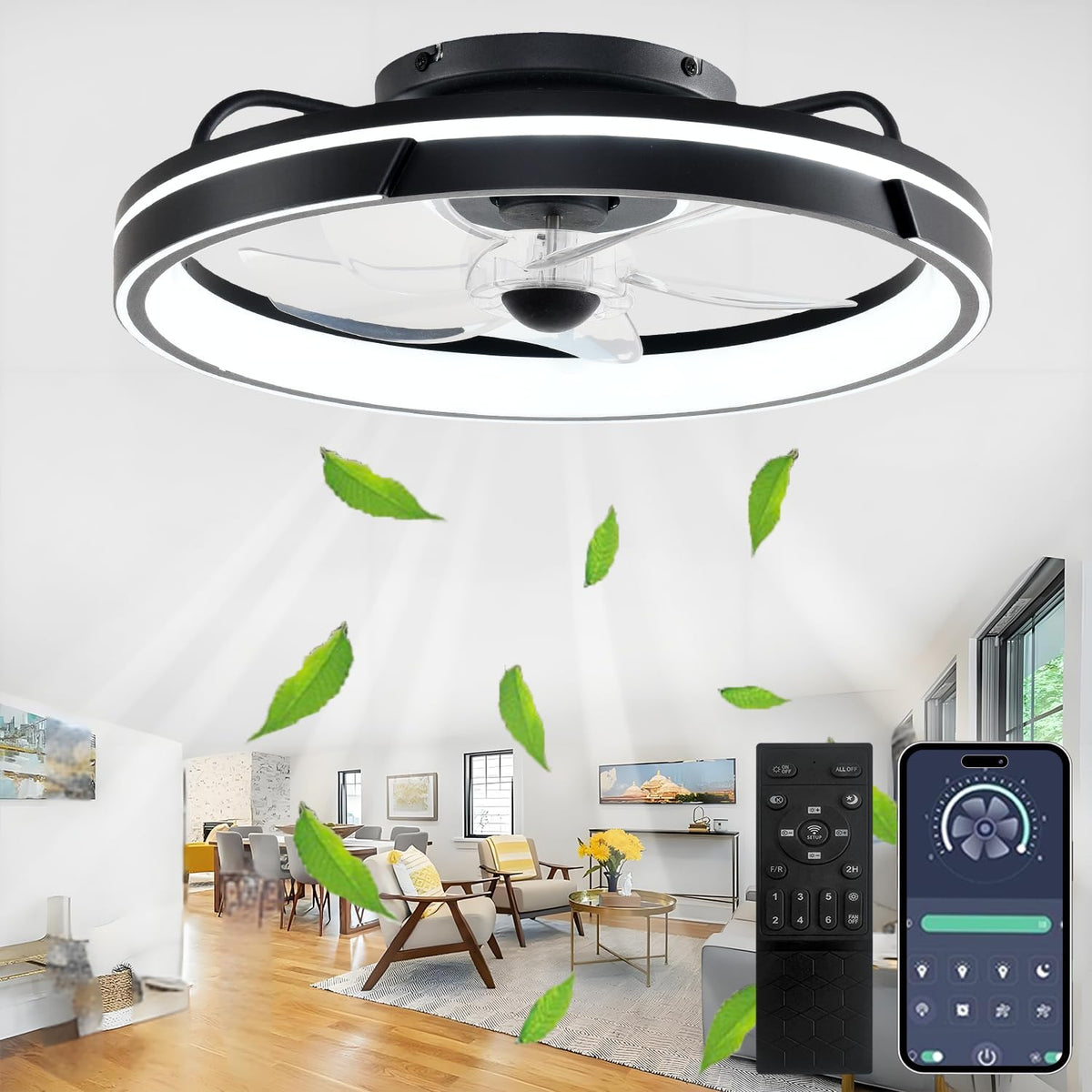 LED Deckenventilator mit Beleuchtung und Fernbedienung, Umkehrbare 6-Speed Lampe mit Ventilator, 64W APP Dimmbare Deckenleuchte mit Ventilator, Leise