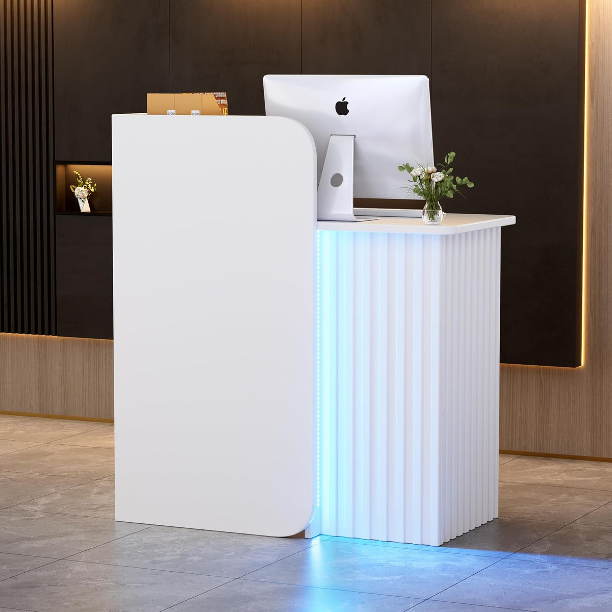 Empfangstheke mit LED-Lichtleiste Rezeptionstheke Klein Empfangstresen mit Abschließbaren Schubladen Modern Empfangsmöbel Rezeption Tisch Kompakt