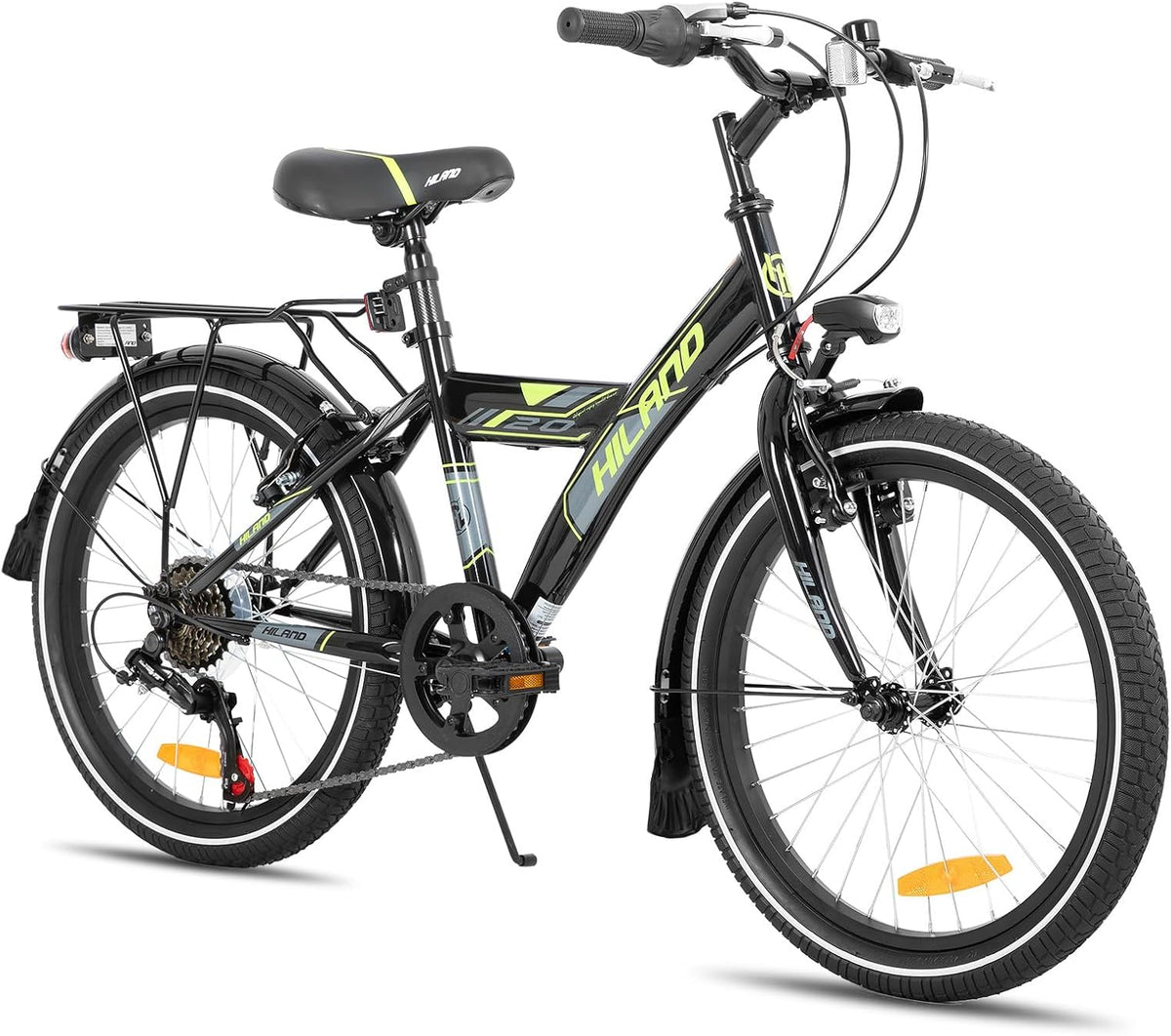 HILAND 20 24 Zoll Kinderfahrrad Mountainbike mit 6 Gang Schaltung, Schwarz/Weiß Fahrrad, MTB für Kinder Jungen Mädchen mit Ständer