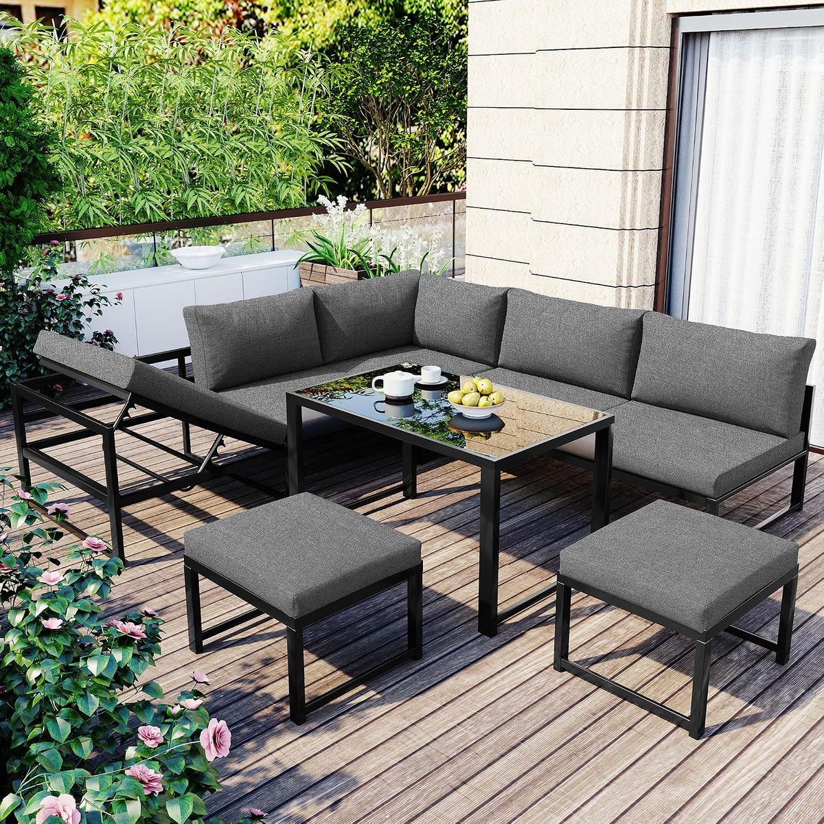 Gartenmöbel-Set, 5-teiliges, 1 Tisch, 4-Fach Verstellbarer Rückenlehne, Garten Loungesessel Set mit Liegefunktion, Alle Kissen Inklusive, 1 Doppelsofa