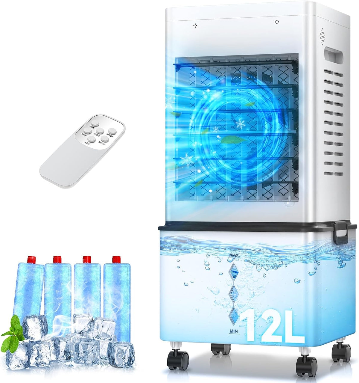 Mobile Klimaanlage, Luftkühler 12L Mobiles Klimagerät ohne Abluftschlauch, 40 dB Leise, Verdunstungskühler mit Fernbedienung, 6 Stufen, 24H Timer