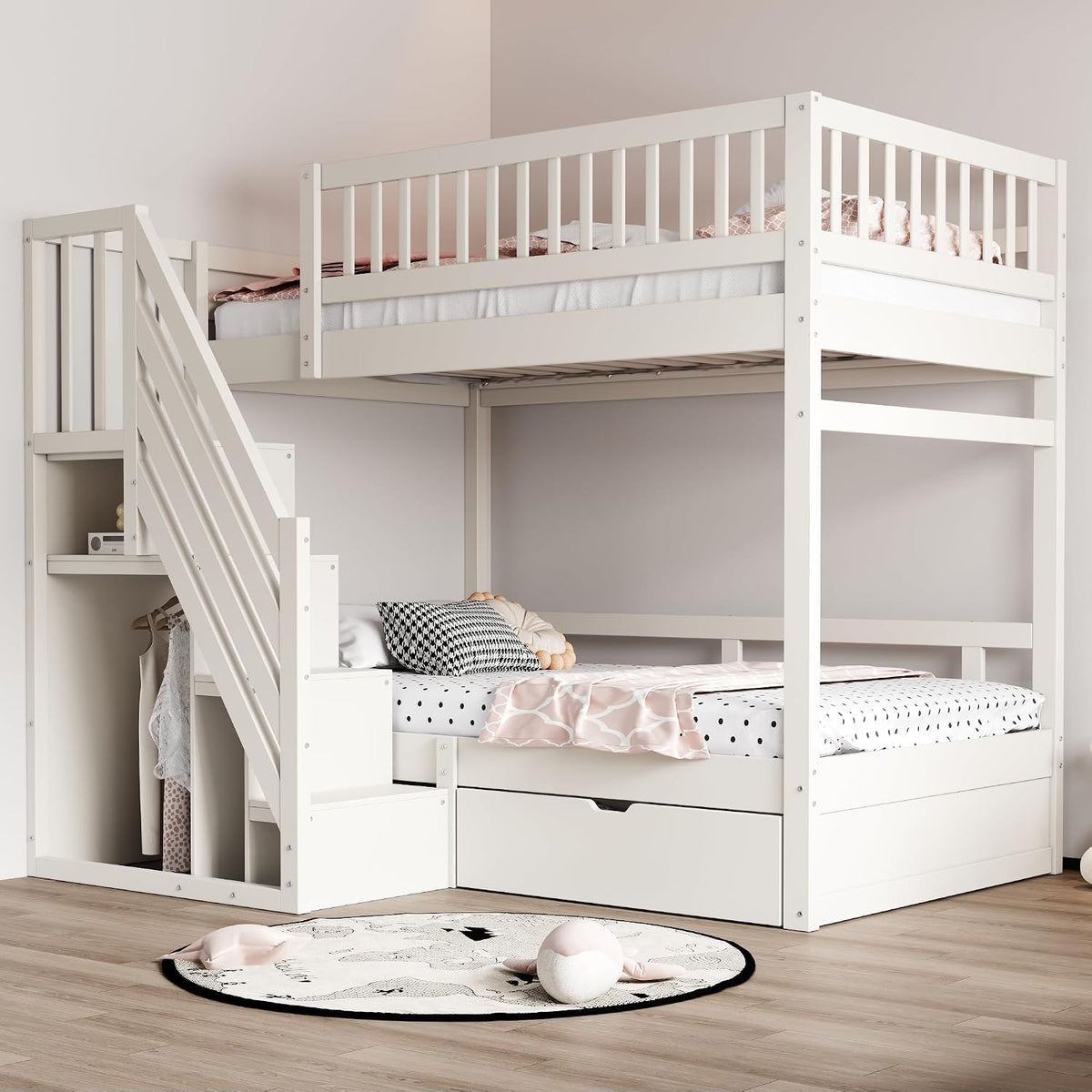 Kinderbett Etagenbett 90x200 Für 2 Kinder, Ohne Matratze, Massivholz Funktionsbett Stockbett Jugendhochbett mit 2xLattenrost & Rausfallschutz, Weiß
